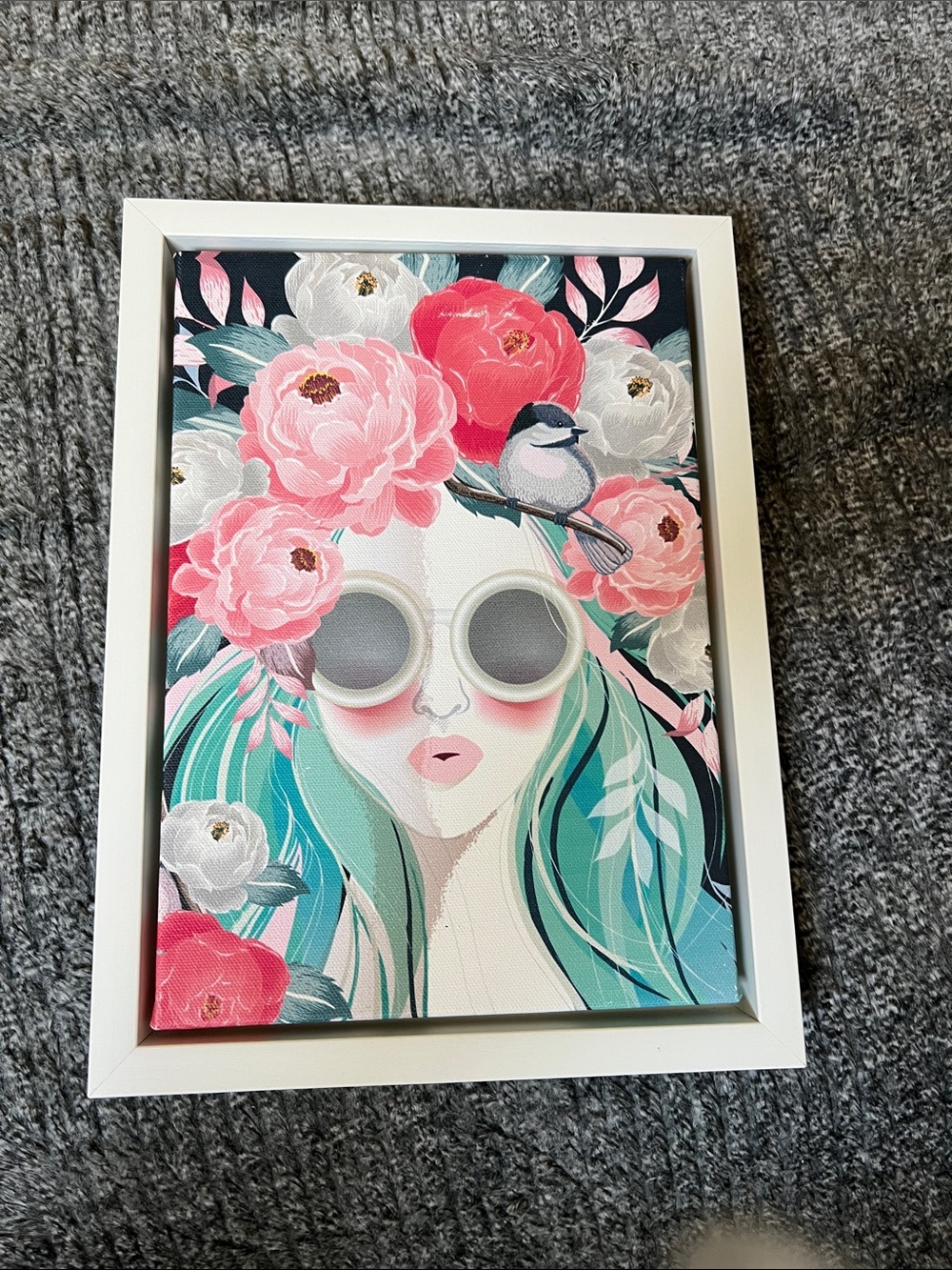 Floral Girl Portrait Wall Art with Turquoise Hair and Pink Blossoms,11 1/2X8 1/2